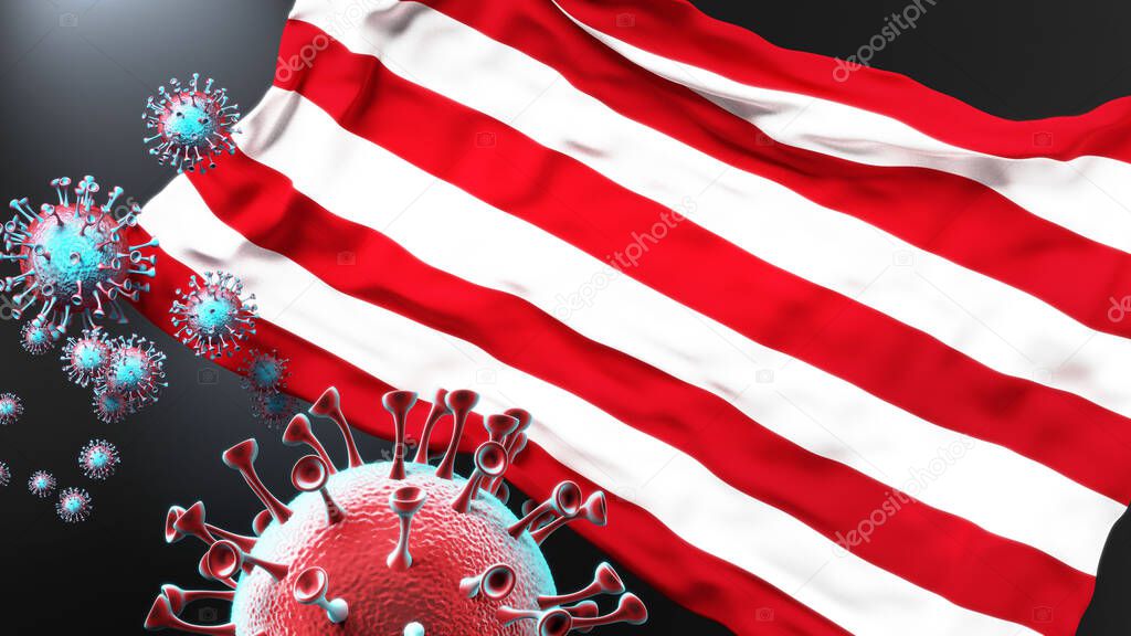 Esztergom and covid pandemic - virus attacking a city flag of Esztergom as a symbol of a fight and struggle with the virus pandemic in this city, 3d illustration