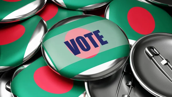 バングラデシュでの投票 バングラデシュの国旗 この国で今後の投票を象徴するピンバックボタンの数十に 3Dイラストです — ストック写真