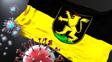 Heidelberg ve covid salgını. Virüs Heidelberg bayrağına saldırıyor. Virüs salgınıyla mücadele sembolü olarak.