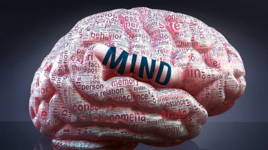 İnsan beynindeki zihin, bu durumun büyüklüğünü göstermek ve zihinle bağlantılı önemli kavramları, 3d illüstrasyonunu keşfetmek için bir kortekse yansıtılan zihinle ilgili yüzlerce önemli terim.
