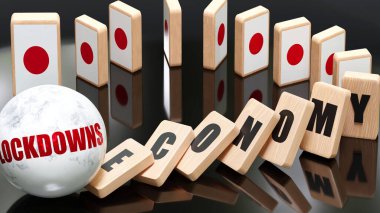 Japonya ve lokavt, ekonomi ve domino etkisi - Japon ekonomisinde zincirleme reaksiyon kaçınılmaz bir çöküşe ve çöküşe neden oluyor - düşen ekonomi blokları ve Japonya bayrağı, 3d illüstrasyon