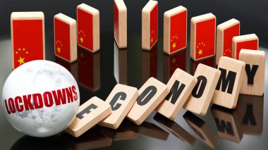 China and lockdowns, economy and domino effect - chain reaction in China economy set off by lockdowns causing an inevitable crash and collapse - falling economy blocks and China flag, 3d illustration clipart