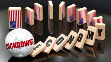 ABD ve lokavt, ekonomi ve domino etkisi - ABD ekonomisindeki zincirleme reaksiyon kaçınılmaz bir çöküşe ve çöküşe neden oluyor - düşen ekonomi blokları ve ABD bayrağı, 3d illüstrasyon