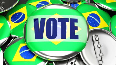 Brezilya ve Oy - Brezilya bayrağı ve bir kelime oyuyla düzinelerce pinback düğmesi. Bu ülkede yaklaşan oylamayı sembolize eden 3d sunucu., 3D illüstrasyon