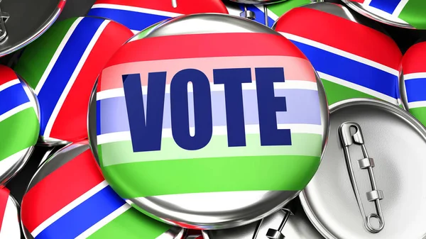 Gambia Głosuj Dziesiątki Przycisków Pinback Flagą Gambii Słowem Głosuj Renderowanie — Zdjęcie stockowe