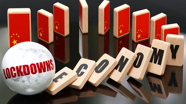 China and lockdowns, economy and domino effect - chain reaction in China economy set off by lockdowns causing an inevitable crash and collapse - falling economy blocks and China flag, 3d illustration