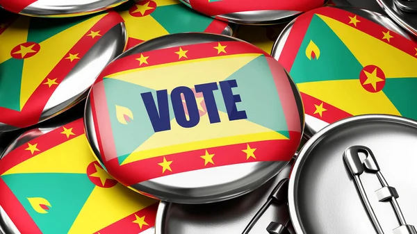 Głosuj Grenadzie Flaga Narodowa Grenady Kilkudziesięciu Przyciskach Symbolizujących Zbliżające Się — Zdjęcie stockowe