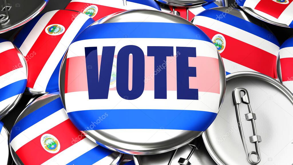Costa Rica and Vote - dozens of pinback buttons with a flag of Costa Rica and a word Vote. 3d render symbolizing upcoming Vote in this country., 3d illustration