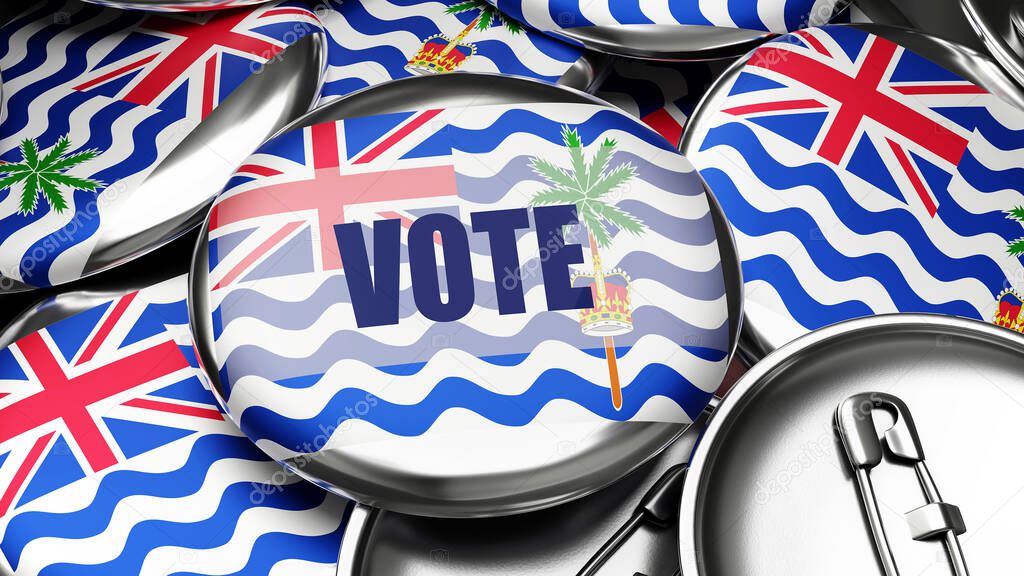 Vote in British Indian Ocean Territory - national flag of British Indian Ocean Territory on dozens of pinback buttons symbolizing upcoming Vote in this country. , 3d illustration