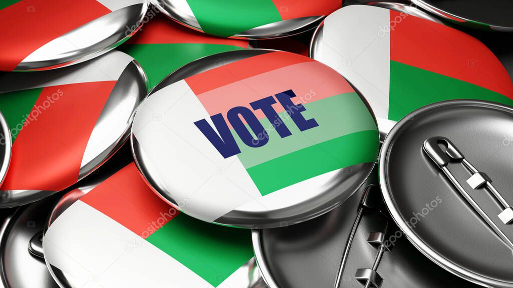 Vote in Madagascar - national flag of Madagascar on dozens of pinback buttons symbolizing upcoming Vote in this country. , 3d illustration