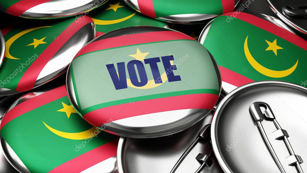 Vote in Mauritania - national flag of Mauritania on dozens of pinback buttons symbolizing upcoming Vote in this country. , 3d illustration