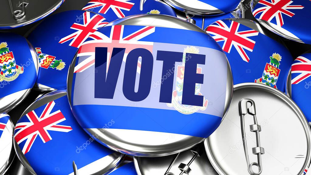 Cayman Islands and Vote - dozens of pinback buttons with a flag of Cayman Islands and a word Vote. 3d render symbolizing upcoming Vote in this country., 3d illustration