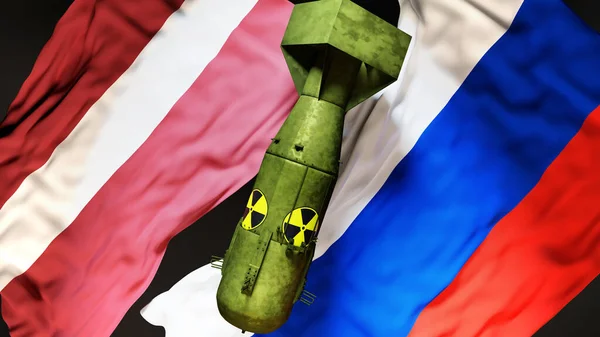 Łotwa Rosja Wojna Jądrowa Konflikt Kryzys Flagi Narodowe Bomba Atomowa — Zdjęcie stockowe