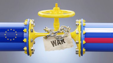 AB Avrupa ve Rusya petrol ve doğalgaz yaptırımları, geri çekilme ve savaş. Sıkıştırılmış gaz borusu, LNG ambargosu, kriz ve yaklaşan fiyat artışlarını sembolize ediyor.