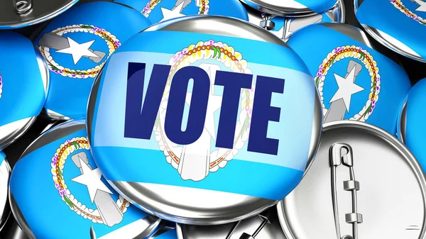 北マリアナ諸島と投票 北マリアナ諸島の旗と言葉投票のピンバックボタンの数十 この国の今後の投票を象徴する3Dレンダリング — ストック写真