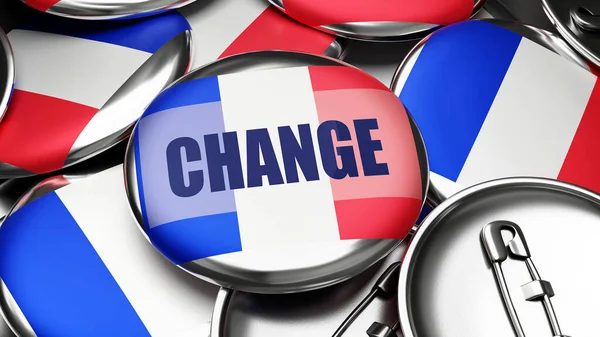 フランスの変化 この国の今後の変化を象徴するピンバックボタンの数十にフランスの国旗 3Dイラストです — ストック写真