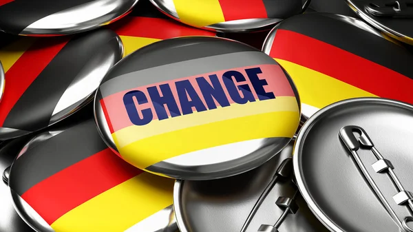 ドイツの変化 今後のドイツの変化を象徴するピンバックボタンの数十にドイツの国旗 3Dイラストです — ストック写真