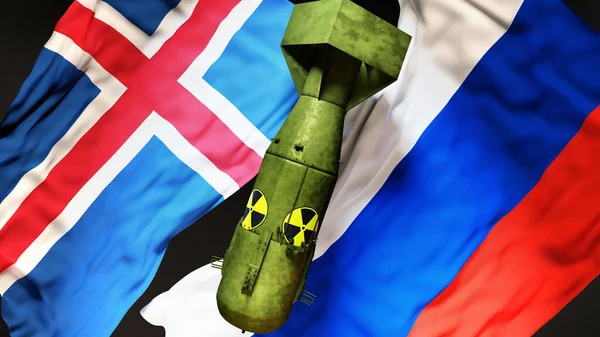Island Och Ryssland Kärnvapenkrig Konflikt Och Kris Nationell Flaggor Och — Stockfoto