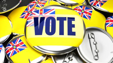 Niue ve Oy: Niue bayrağı ve bir kelime oyuyla düzinelerce pinback tuşu. Bu ülkede yaklaşan oylamayı sembolize eden 3d sunucu., 3D illüstrasyon