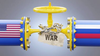 ABD ve Rusya petrol ve doğalgaz yaptırımları, duraksama ve savaş. Sıkıştırılmış gaz borusu, LNG ambargosu, kriz ve yaklaşan fiyat artışlarını sembolize ediyor.