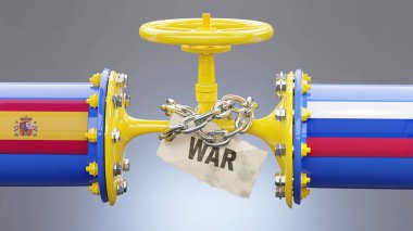 İspanya ve Rusya petrol ve doğalgaz yaptırımları, duraksama ve savaş. Sıkıştırılmış gaz borusu, LNG ambargosu, kriz ve yaklaşan fiyat artışlarını sembolize ediyor.