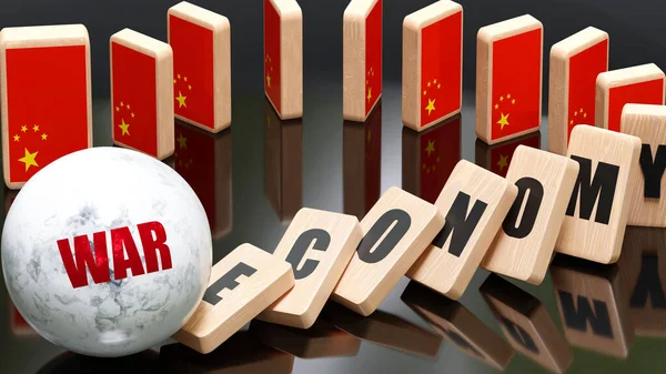 China and war, economy and domino effect - chain reaction in China economy set off by war causing an inevitable crash and collapse - falling economy blocks and China flag, 3d illustration