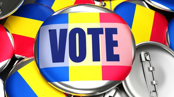 Chad and Vote - dozens of pinback buttons with a flag of Chad and a word Vote. 3d render symbolizing upcoming Vote in this country., 3d illustration