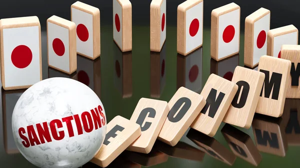 Japan and sanctions, economy and domino effect - chain reaction in Japan economy set off by sanctions causing an inevitable crash and collapse - falling economy blocks and Japan flag, 3d illustration