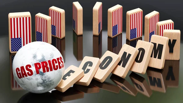 USA and gas prices, economy and domino effect - chain reaction in USA economy set off by gas prices causing an inevitable crash and collapse - falling economy blocks and USA flag, 3d illustration