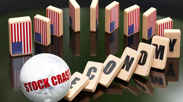 USA and stock crash, economy and domino effect - chain reaction in USA economy set off by stock crash causing an inevitable crash and collapse - falling economy blocks and USA flag, 3d illustration