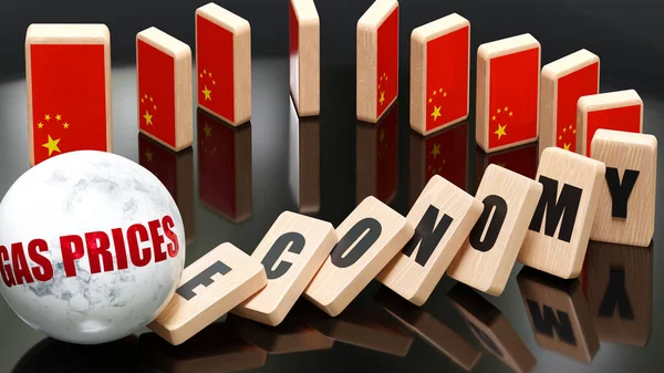 China and gas prices, economy and domino effect - chain reaction in China set off by gas prices causing a crash - economy blocks and China flag, 3d illustration