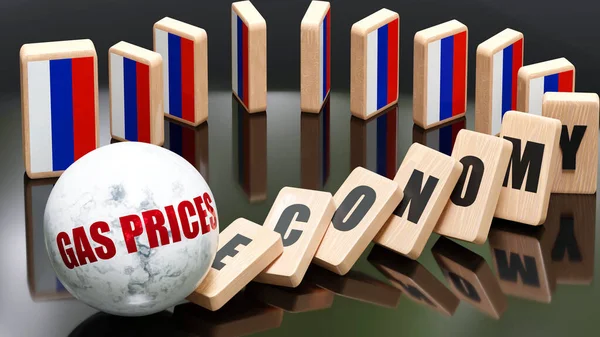 Russia and gas prices, economy and domino effect - chain reaction in Russia set off by gas prices causing a crash - economy blocks and Russia flag, 3d illustration
