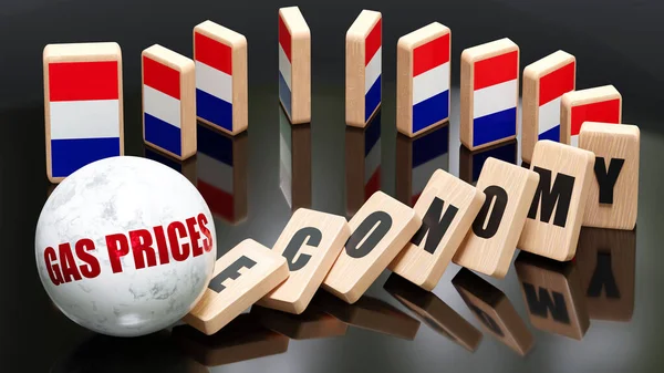 France and gas prices, economy and domino effect - chain reaction in France set off by gas prices causing a crash - economy blocks and France flag, 3d illustration