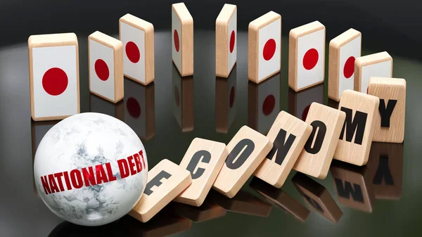 Japan and national debt, economy and domino effect - chain reaction in Japan set off by national debt causing a crash - economy blocks and Japan flag, 3d illustration