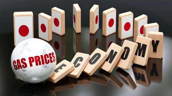 Japan and gas prices, economy and domino effect - chain reaction in Japan set off by gas prices causing a crash - economy blocks and Japan flag, 3d illustration