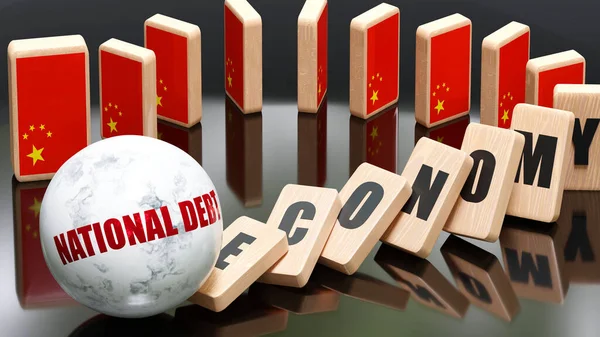 China and national debt, economy and domino effect - chain reaction in China set off by national debt causing a crash - economy blocks and China flag, 3d illustration