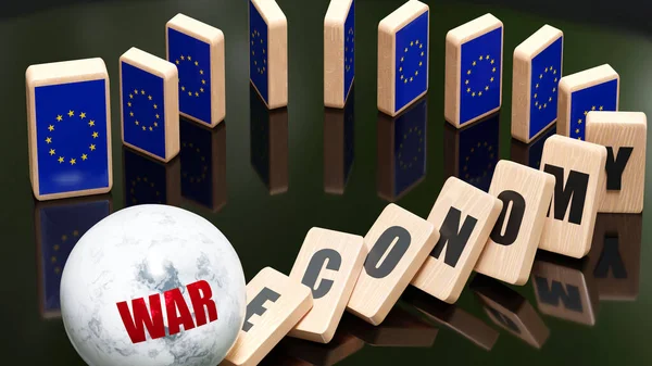 EU Europe and war, economy and domino effect - chain reaction in EU Europe economy set off by war causing an inevitable crash and collapse - falling economy blocks and EU Europe flag, 3d illustration