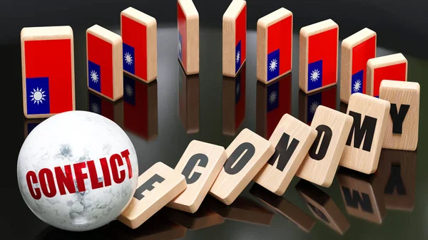 Taiwan and conflict, economy and domino effect - chain reaction in Taiwan economy set off by conflict causing an inevitable crash and collapse - falling economy blocks and Taiwan flag, 3d illustration