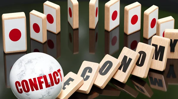 Japan and conflict, economy and domino effect - chain reaction in Japan economy set off by conflict causing an inevitable crash and collapse - falling economy blocks and Japan flag, 3d illustration