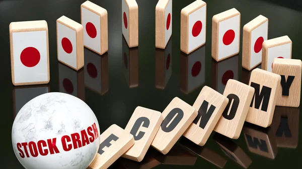 Japan and stock crash, economy and domino effect - chain reaction in Japan set off by stock crash causing a crash - economy blocks and Japan flag, 3d illustration