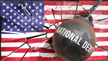 Amerika ve ulusal borç ülkeyi yok ediyor ve ekonomiyi mahvediyor. Ulusal borç, ulusun gelecekteki olası düşüşüne yol açan bir güç, 3D illüstrasyon