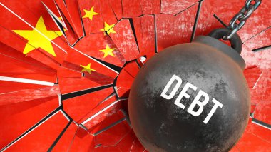 Ülkeyi mahveden ve ekonomiyi mahveden Çin ve Borç. Ulusun gelecekteki çöküşüne yol açan bir güç olarak borç, 3D illüstrasyon