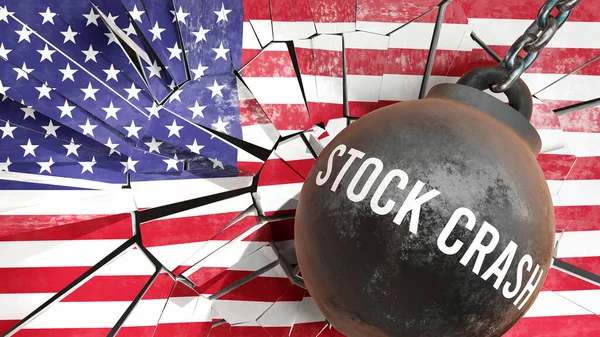 Stock crash and USA America, destroying economy and ruining the nation. Stock crash wrecking the country and causing  general decline in living standards.,3d illustration
