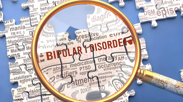 Bipolar i disorder as a complex topic under close inspection. Complexity shown as puzzle pieces with dozens of ideas and concepts correlated to Bipolar i disorder,3d illustration
