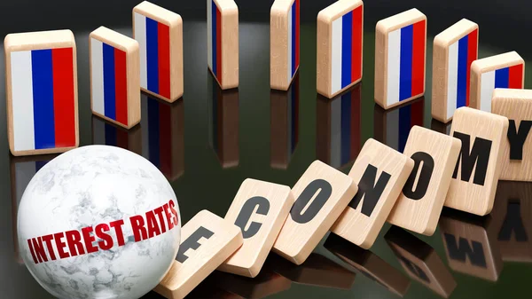 Russia and interest rates, economy and domino effect - chain reaction in Russia set off by interest rates causing a crash - economy blocks and Russia flag,3d illustration