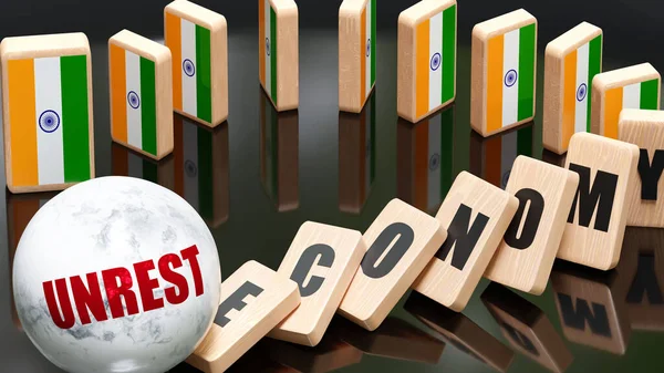 India and unrest, economy and domino effect - chain reaction in India economy set off by unrest causing an inevitable crash and collapse - falling economy blocks and India flag,3d illustration