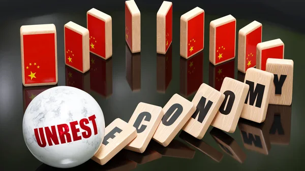 China and unrest, economy and domino effect - chain reaction in China economy set off by unrest causing an inevitable crash and collapse - falling economy blocks and China flag,3d illustration