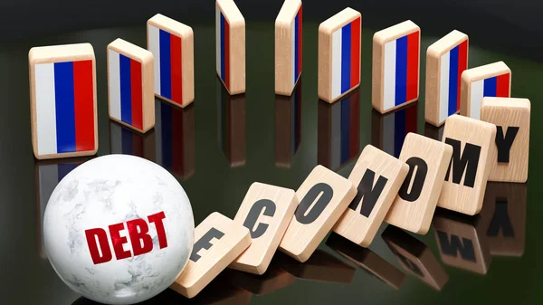 Russia and debt, economy and domino effect - chain reaction in Russia economy set off by debt causing an inevitable crash and collapse - falling economy blocks and Russia flag,3d illustration
