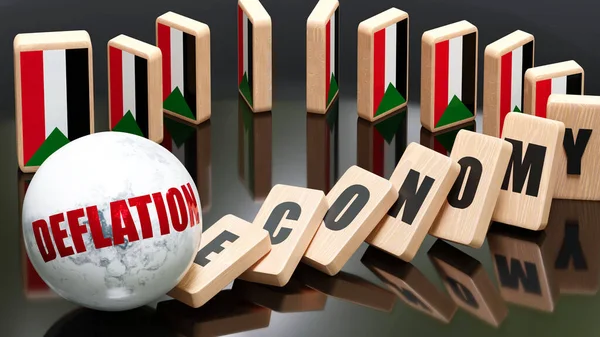 Sudan and deflation, economy and domino effect - chain reaction in Sudan economy set off by deflation causing an inevitable crash and collapse - falling economy blocks and Sudan flag,3d illustration