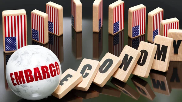USA and embargo, economy and domino effect - chain reaction in USA economy set off by embargo causing an inevitable crash and collapse - falling economy blocks and USA flag,3d illustration